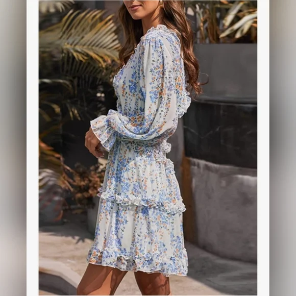 Sold In Live Show- Floral Blue and White Ruffle V' Neck Women's Backless Dress - Picture 3 of 5